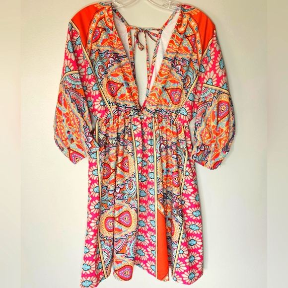 Vibrant Boho Print Mini Dress Deep Vneck 3/4 Sleeve Size Small - Picture 3 of 10